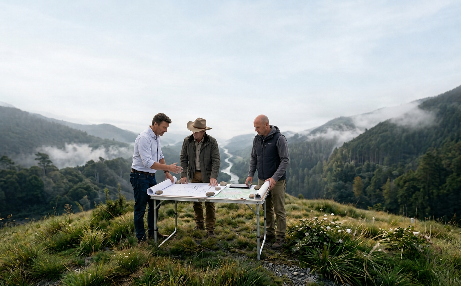 Three people reviewing plans at a folding table on a mountain hillside